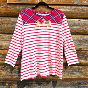 Kim Roger's Christmas Red & White Stripes & Plaid W/ Gold Metallic Reindeer Top